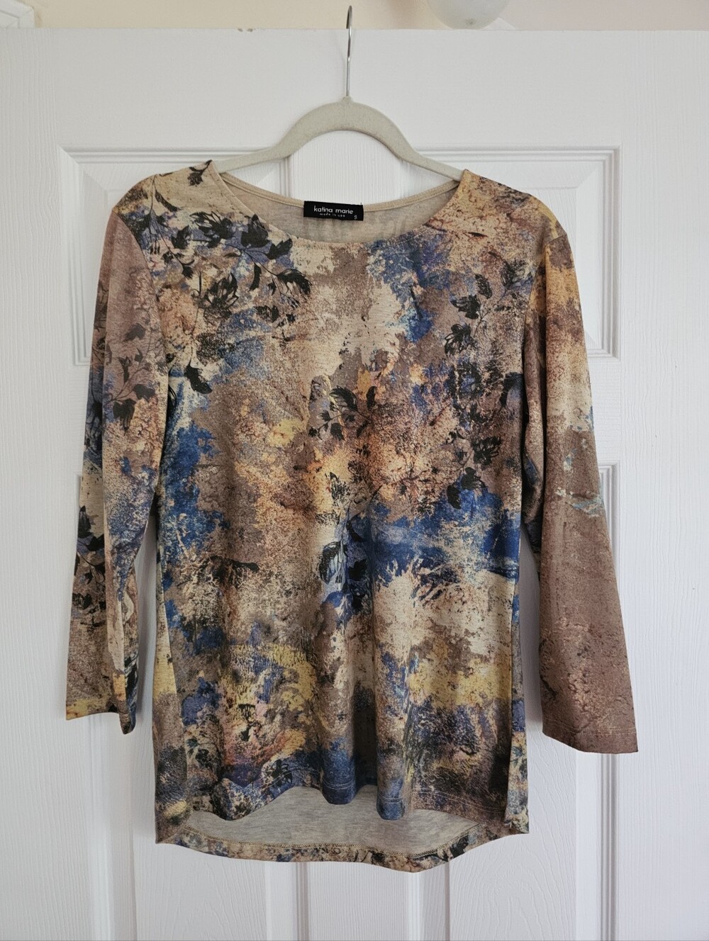 Katina Marie Abstract Knit Top Beige Ochre Blue 3/4 Sleeve Tee Size Small